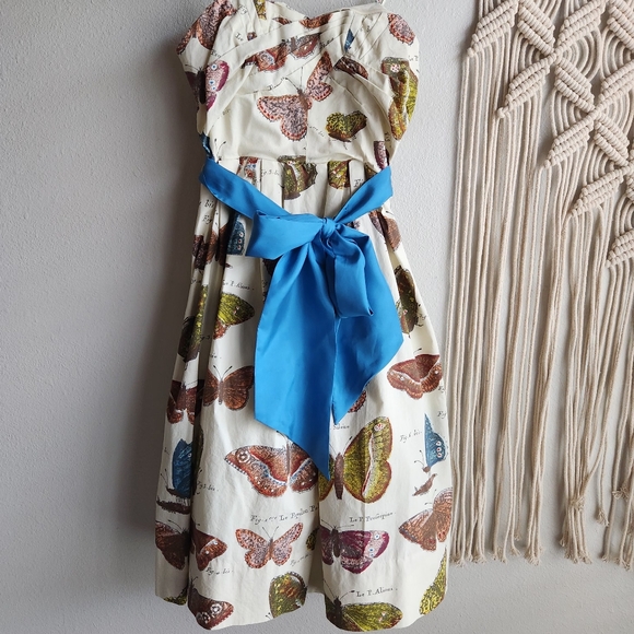 Anthropologie Maeve LEPIDOPTERA Butterfly Print Dress Size 2 Strapless Pockets - Picture 1 of 11